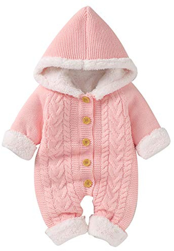 Haokaini Newborn Baby Hooded Knitted Romper Fleece Sweater Warmer Snowsuit Jumpsuit Coveralls Onepiece Infant Winter Outerwear for Boys Girls Pink