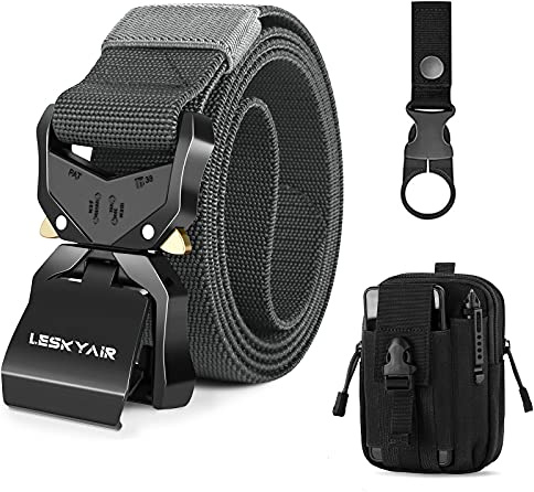 Leskyair Cintura Tattica da Uomo 1,5 Regolabile in Nylon Cintura Militare con Fibbia in Metallo a Sgancio Rapido, Regalo con Borsa e Fibbia per Bottiglia d'Acqua (Grigio)