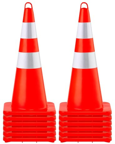 VEVOR Safety Cones, 12 x 28 Traffic Cones, PVC Orange Construction Cones, 2 Reflective Collars Traffic Cones with Weighted Base and Hand-Held Ring Used for Traffic Control, Driveway Road Parking