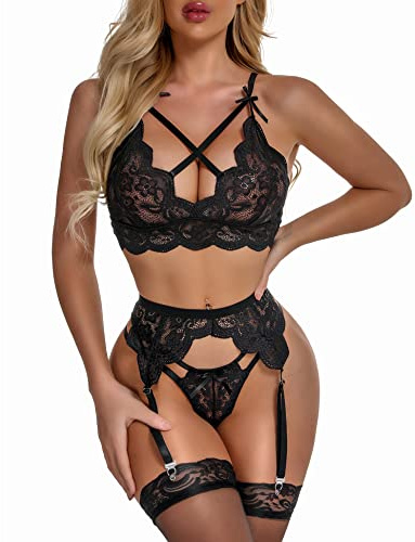 EVELIFE Women's Sexy Lingerie Set with Garter Belt Lace Bra and Panties Set High Waisted Suspenders Lingerie NO Stockings (Black,M)