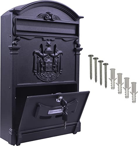 Wall Mount Lockable Letterbox. Large Size, Letters, Catalogues, Newspapers. 2 Keys. Mail Box. Post Box, Parcel Delivery. Waterproof. Strong & Secure (Black)