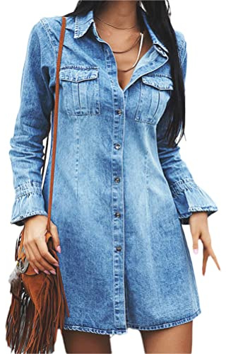 ORANDESIGNE Robe Chemise en Jean pour Femme Robe en Denim à Manches Courtes Boutonnée Denim Robe Été Chemisier Robe Col en V Robe Tunique Mini Robe Shirt Dress avec Poches A Bleu XL