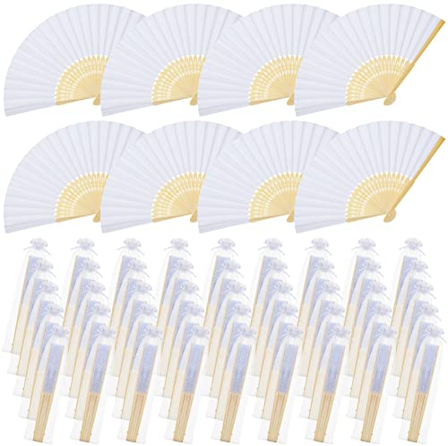 Otuuz 50 Abanicos de Mano de Bambú Plegables Abanicos de Papel Chinos con Funda de Tela Abanicos de Boda Blancos para Mujer Niño Invitado Recuerdo Verano Cumpleaños Fiesta Regalo Decoración