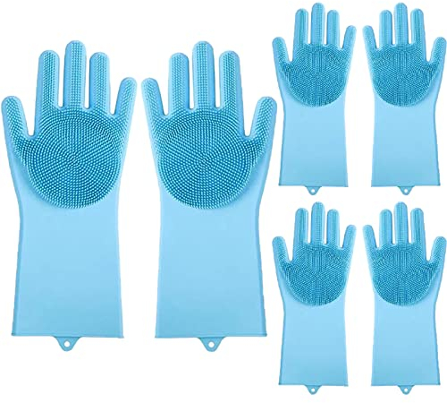 FCSHFC 3 Paare Silikon Putzhandschuhe Wiederverwendbar Gummihandschuhe Mit Schwamm Reinigungsbürste Küche Haushaltshandschuhe (Color : Blue A, Size : 120g)