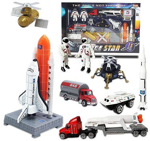 OTONOPI Space Shuttle Rocket Toys Set for Kids 3-9 Years - 15 PCS Die-Cast STEM Aerospace Toys with 3 Rocket Ships, 2 Astronauts, Lunar Lander, Satellite