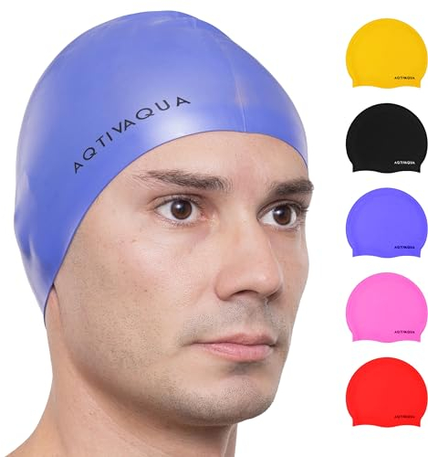 AqtivAqua Badekappe für Damen und Herren, 100% Wasserdicht Silikon Badekappe, für Kinder und Jugendliche geeignet, Dehnbare Schwimmkappe um das Haar Trocken zu Halten (Blau)