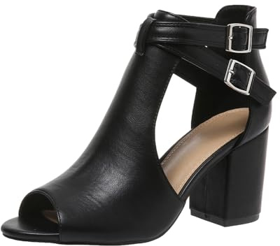 Peep Toe Heeled Sandals for Women Open Toe Side Cutout Chunky Heels Adjustable Ankle Buckle Summer Booties US5-11, black, 11