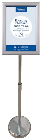 Europel Infostand Economy, Silver A4 snap Frame 25mm, Portait or Landscape Orientation, Free-Standing Display with Adjustable Height, for Posters, Signs, Advertising, menu, Shop, Hotel, Restaurant