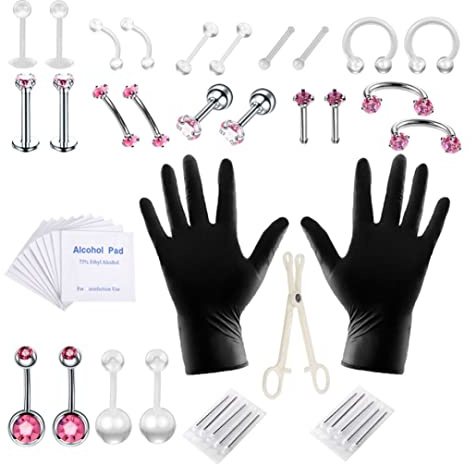 Body Piercing Kit rostfritt stål tungringar magknapp piercing smycken rosa 47 st tungpiercing kit