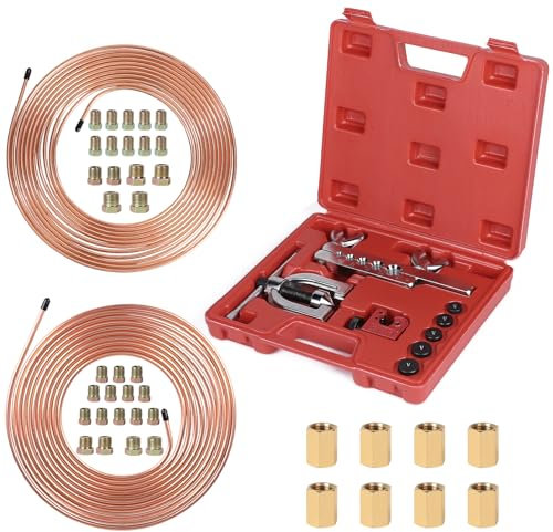 efuturetime Set di Attrezzi Svasatura Tubi Freni, Doppia e Singola Svasatura, 7,6 m Tubo dei Freni ø 4,75 mm/ø 6,35 mm, Mini Taglia Tubi, 32 Raccordi + 8 Connettori, 5 Adattatori