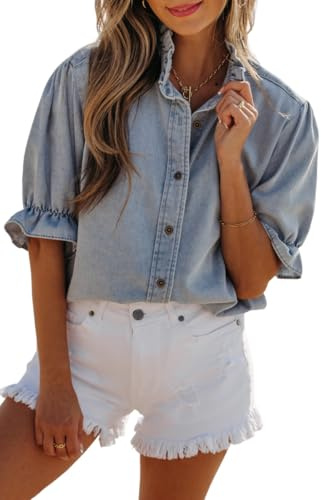 SELINK Women's Tunic Tops Elegant Beau Blue Ruffle Short Puff Sleeve Summer Chambray Shirt Short Sleeve Round Neck Solid Daily T Shirts L