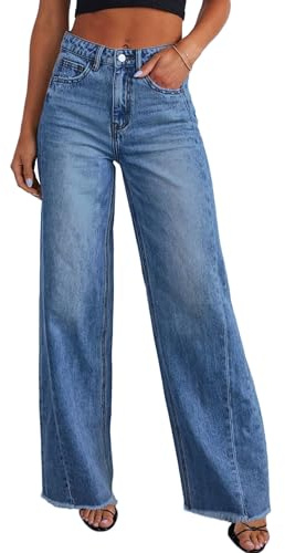PRETTYGARDEN Wide Leg Jeans for Women Trendy High Waisted Stretchy Baggy Raw Hem Denim Palazzo Pants 2026 Spring Fall Clothes (Dark Blue,16)