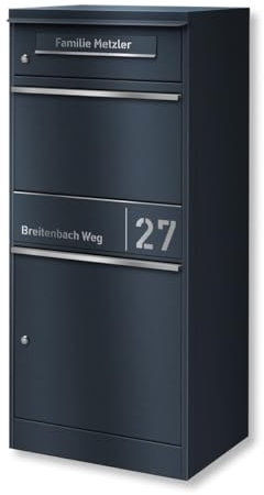 Metzler Paketbox – Briefkasten mit großem Paketfach, Paketbox draußen, Standbriefkasten, Postbox rostfrei und massiv, Edelstahl Anthrazit RAL 7016, personalisiert mit Gravur