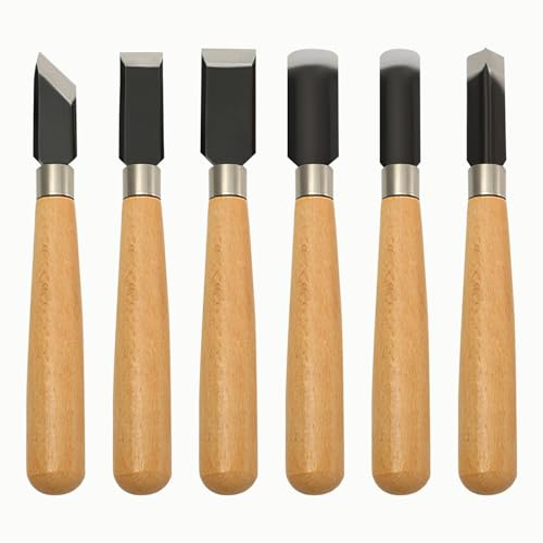 6 Pezzi Scalpelli per Legno Set, Bordo Piatto da 19,5 mm / 22 mm, Bordo Smussato da 16 mm, Bordo Tondo da 17 mm / 15 mm, Coltello Triangolare da 11 mm, Coltello per Incisione e Stampa Legno (6)