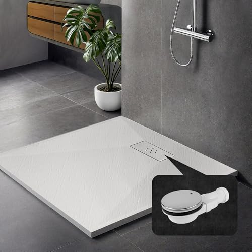 JWS Design Duschkar Steinoptik SMC Antislip plat duschtasse med avloppsarmatur i rostfritt stål – ultraplat 26 mm – för infälld eller ovanpå montering, Vit, 90 x 90 cm