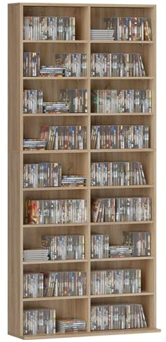 HOMCOM Rangements pour CD et DVD, meuble de rangement multimédia, capacité max. 640 CD/360 DVD et 430 Blu-ray, 18 compartiments 14 étagères réglables, pour salon, chambre, 78,5x24x175cm, bois naturel