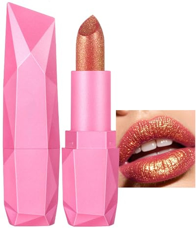 Metallic Lippenstift Rosa, Glitzer Lipstick mit Diamond Funkeln, Wasserfest & Langanhaltende Shimmer Lippenstifte, 3D Glanz Lippen Make Up Stift mit Cremige & Feuchthaltende Formel, Intensive Farbe