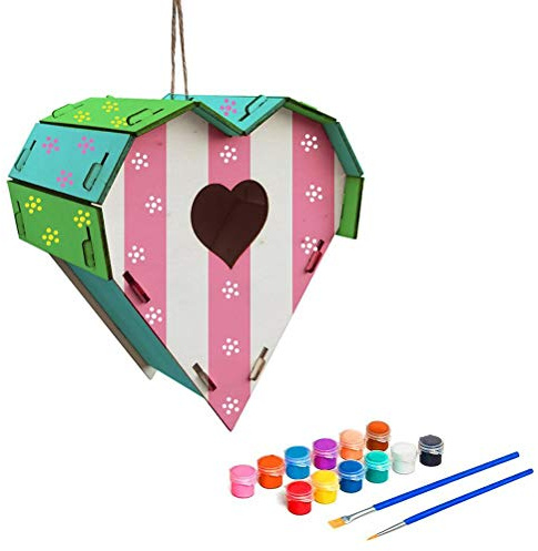 Juego de 12 Colores para Manualidades para niños, Casas de Madera, Kit de casa para pájaros de Madera con Pintura, Proyecto de Manualidades Creativo para niños, Actividades al (Forma de corazón: