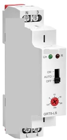 GRT8-LS/LM DIN-skena trapplampa belysning timer 230 VAC 16 A 0,5–20 minuters fördröjning avstängningsrelä ljusströmbrytare (GRT8-LM-AC230V)