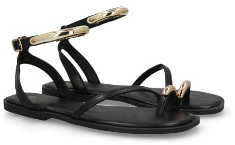 104300 Sandalia plana para mujer con un diseno elegante, diseno de detalles metalicos decorativos, cierre de hebilla ajustable. Suela ligera, acolchada y comoda. Ideal verano. Negro Talla 37