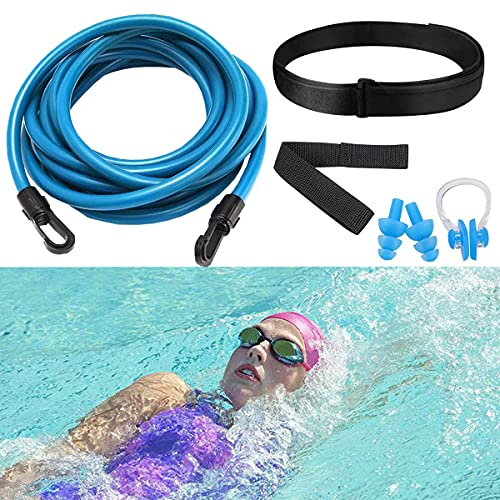 BINXWA Schwimmgurt Für Pool Erwachsene, Einstellbare schwimmtrainer Pool Schwimmgürtel, 4m Pool schwimmgurt gegenschwimm, für pooltrainer/Kinder/Erwachsene(Inklusive ohrstöpsel und nasenklammer)