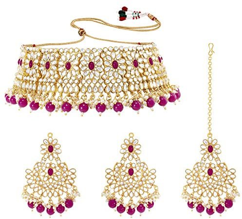Aheli Faux Pearl Choker Necklace with Earrings Indian Traditional Bollywood Bharatanatyam jewellery Set Gift for Women (Rani Pink)