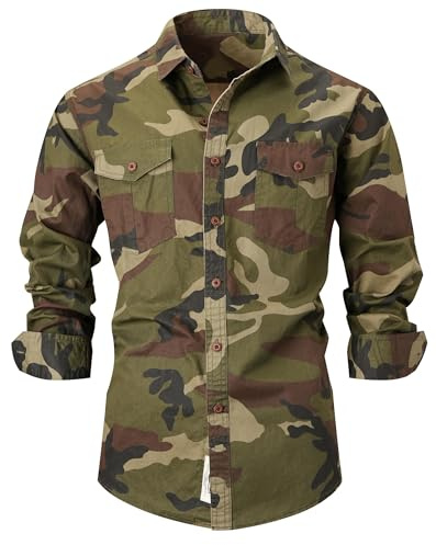 PAODIKUAI Men Camouflage Denim Shirt Camo Washed Military Long Sleeve Shirts Casual Button Down Shirts(Camou 2,L)
