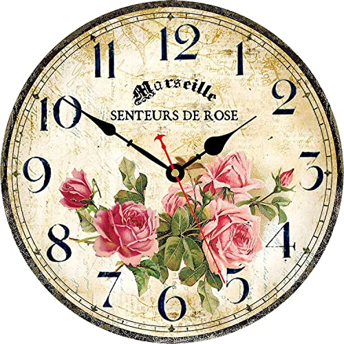 Toudorp Wohnkultur Wanduhr 20cm Leise Nicht Ticken Hölzerne Wanduhr Batteriebetrieben Retro Französisch Blumen Muster Wanduhr (Rosa Rosen)