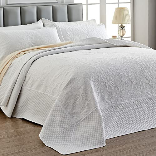 Qucover Übergroße Tagesdecken für King-Size-Betten, 128x120, weiche Mikrofaser, Ultraschall, leicht, extra große Tagesdecken, übergroße King-Size-Bettdecken mit Kissenbezügen, Weiß