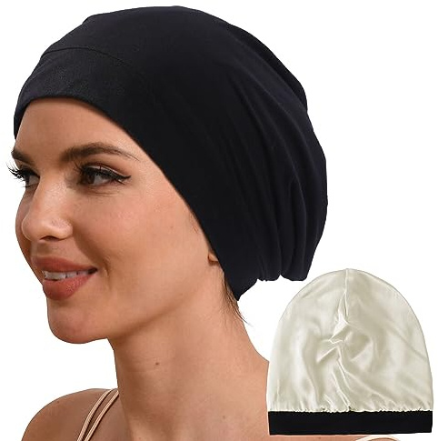 Hat Hut Bonnet de Nuit 100% Soie de Mûrier pour Cheveux Bouclés, Bonnet Souple de 19MM Soie pour Dormir Femme Homme (FR/ES, Alpha/Lettres, Taille Unique, 1-Noir)