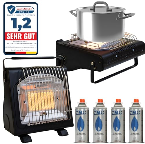 Z.M.C 2-in-1 Tragbare Gasheizung und Gaskocher + 4 Gaskartuschen 227g, Keramik Camping Heizung 1,7 kW, Gasheizer für Outdoor und Terrassen, Garten & Balkon, mobile Heizstrahler mit Piezozündung