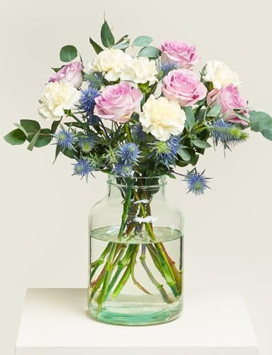 BLOOMY DAYS Schöner Blumenstrauß, In Gedanken bei Dir, Rosen, Nelken, Distel, Eukalyptus, 7-Tage-Frischegarantie, Geschenkidee