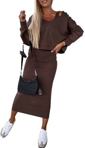 abito Completo Due Pezzi Set Gonna Lunga da Donna Top Ampio Maxi Senza Maniche Aderente Set Invernale Lavorato Maglia Elegante Casual
