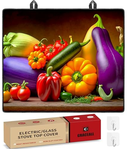 GRACEALL Protecteur de plan de travail pour cuisine 60 cm, couverture en caoutchouc pour plaque à induction ou vitrocéramique, résistant à la chaleur, tapis avec crochets muraux (61 x 53 cm