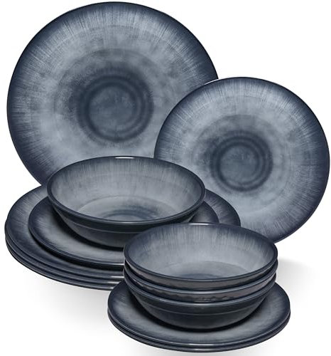 Jesolo Set de vaisselle en mélamine pour 4 personnes - 12 pièces - Aspect faïence - Passe au lave-vaisselle - Accessoires de camping - Caravane - Festival - Pique-nique - Fête de jardin