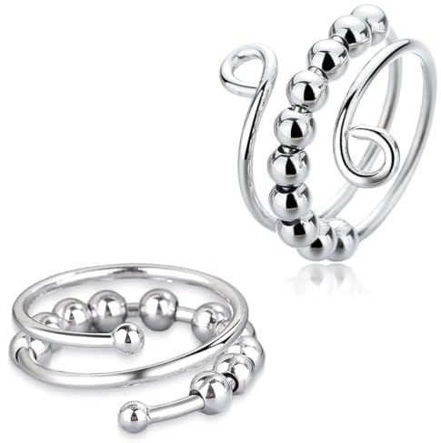 XENQITO Bague Anti-Stress Réglable en Argent Bague d'Anxiété avec Perles pour Femme, Homme et Filles Fidget Antistress