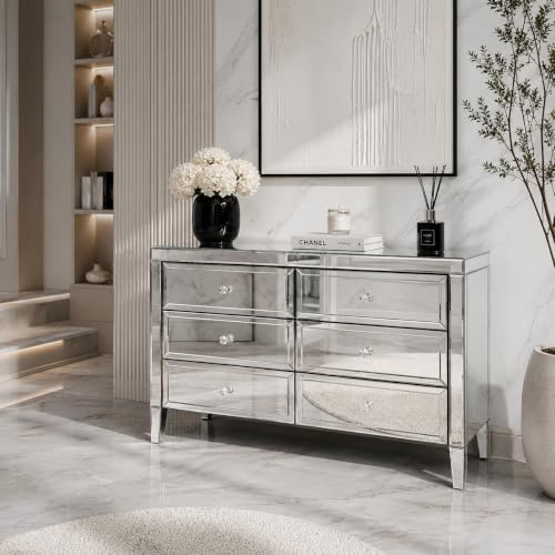 IE INTERIOR EMPORIUM Valencia Mirrored Chest of Drawers – 6 Drawer Bedside Table with Crushed Diamond or Plain Finish – Elegant Chest of Drawers for Bedroom Storage (Plain)