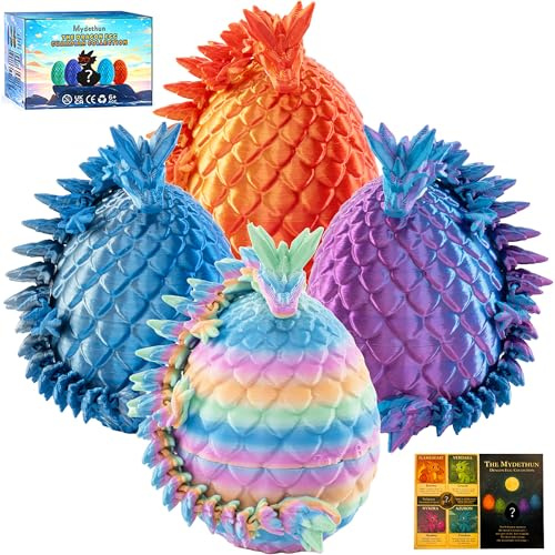 Mydethun 3D Printed Dragon Egg, for Kids, 27 Joints Articulated Dragon Toys, Fidget Collectible Fantasy Decor, Educational Rewards, Set of 4 Mystery Eggs