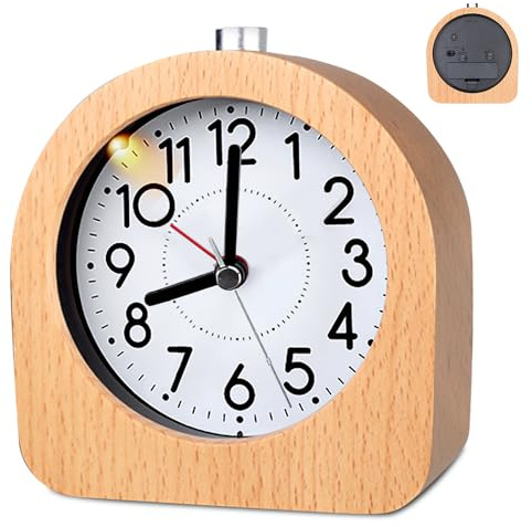 SUNOYA Analog träväckarklocka med snooze, väckarklocka analog utan tickande, sängbordsklocka med nattlampa, retro träväckarklocka, tyst bordsklocka utan tickande för kontor, sovrum, arbetsrum
