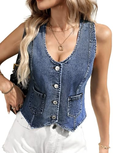 MINTLIMIT Women’s Cropped Denim Vest Sleeveless Button Down Jean Waistcoat Casual Denim Jackets with Pockets