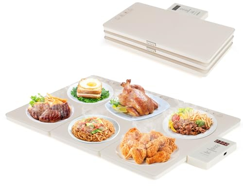 COSTWAY Large Electric Warming Tray, Foldable Food Warming Mat with 6 Timers, 8 Temperature Settings & Tempered Glass Plates, Full Surface Heating Food Warmer for Buffet Party, 67 × 40 x 2.5cm