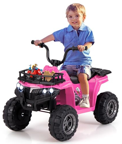 COSTWAY Quad Eléctrico para Niños 6V, ATV Coche Eléctrico para Niños con Botón de Arranque, Neumáticos, Faros LED, Cesta de Almacenaje y Reproductor MP3, Coche Bateria Infantil de 2-5 Años (Rosa)