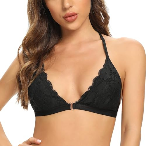 SHEKINI Women's Lace Bra Bralette Classic Triangle Bra Wireless Removable Padded Front Hook Closure Brassiere Padded Bras Breathable Backless Ladies Underwear, Black, Small