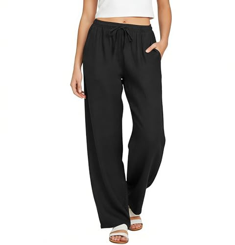 Neteson Pantalon Lin Femme Été Large Coton Pantalon Palazzo Fluide Large | Taille Haute Elastique Pantalon Plage Elegant avec Poches