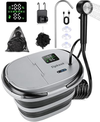 Tipkook Doccia Portatile, [2 in 1-13000mAh] Doccia da Campeggio Integrata con Secchio, Ricaricabile USB, Secchio Pieghevole da 20L, Kit Doccia per Animali, Emergenze Spiaggia Giardino Lavaggio Auto