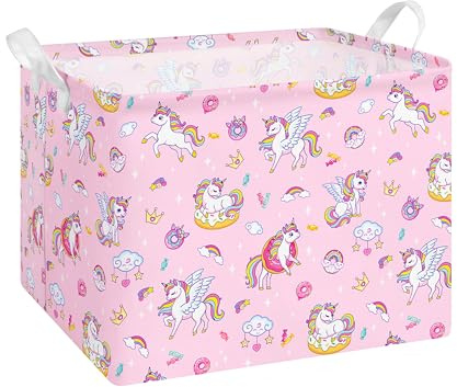 Grande Cesta Portaoggetti con Manico, Impermeabile, Rettangolare, per Vestiti e Giocattoli, Cesta Portaoggetti per Bambini Ragazze e Ragazzi, 40x30x30 cm(Unicorno)