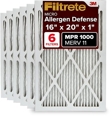 Filtrete 16x20x1 AC Furnace Air Filter, MERV 11, MPR 1000, Micro Allergen Defense, 3-Month Pleated 1-Inch Electrostatic Air Cleaning Filter, 6 Pack (Actual Size 15.69 x 19.69 x 0.81 in)