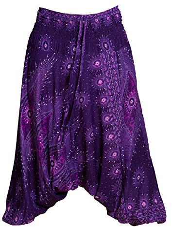 PANASIAM Haremsbyxor unisex - Aladdinbyxor & Jumpsuit 2-i-1-2 längder | 100% viskos, bred midja, påfågelsöga-mönster, storlek L & XL, upp till 2 m, Goa-byxor för yoga & fritid
