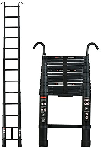 Scala Telescopica 12.5FT/3.8M, Scaletta Telescopica in Alluminio con 2 Ganci Rimovibili, Scala Pieghevole Multiuso Per Attività di Copertura, Lavori Interni/Esterni, Capacità di 330 Libbre, Nera