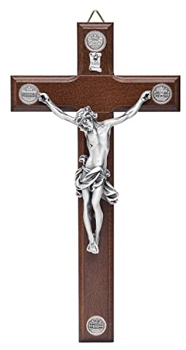 Mondo Cattolico - Crocifisso da parete in legno con quattro medaglie delle basiliche romane - 20 x 11 cm - Ideale come regalo religioso